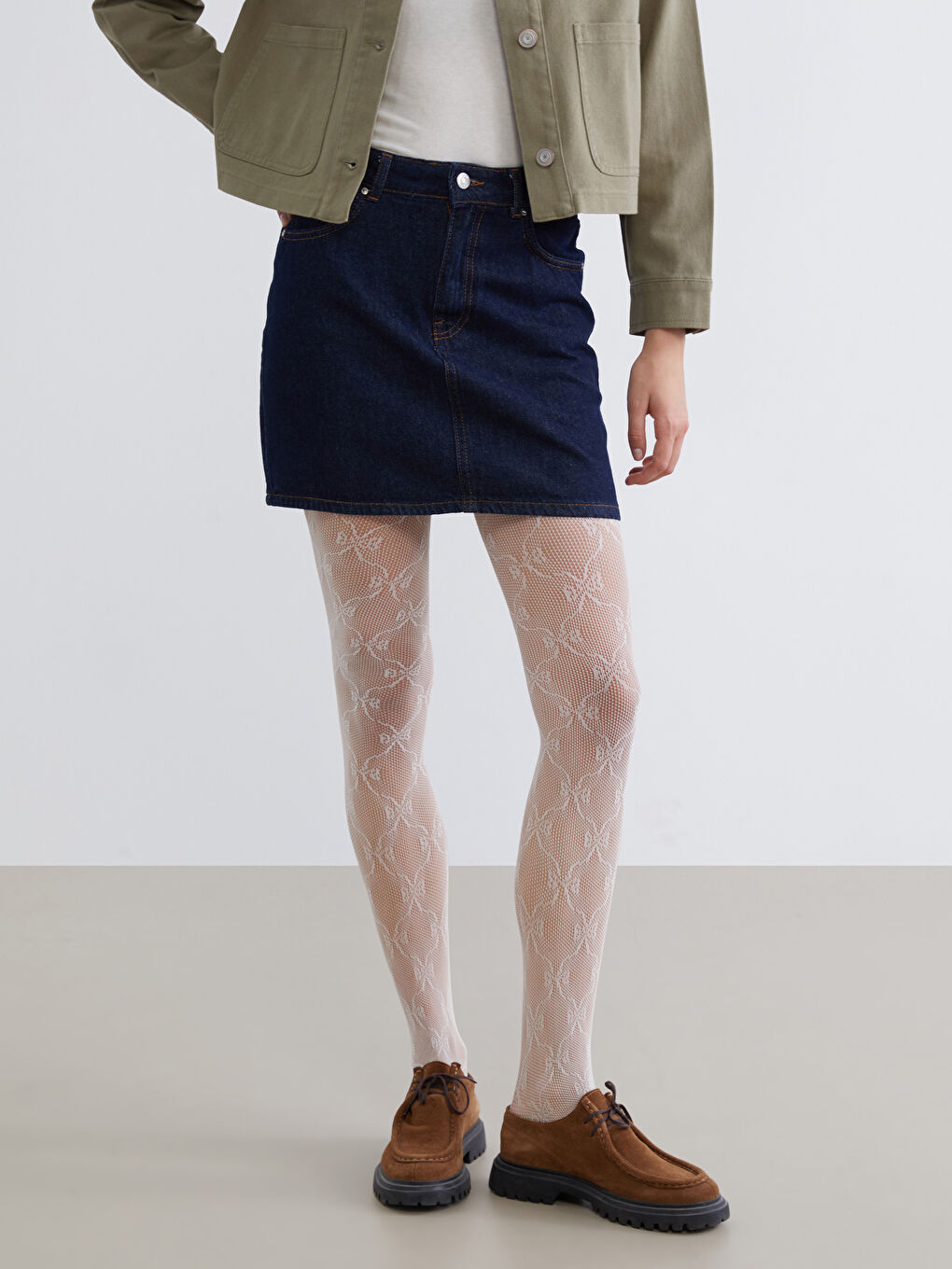 Ekru Desenli Kadın File Külotlu Çorap