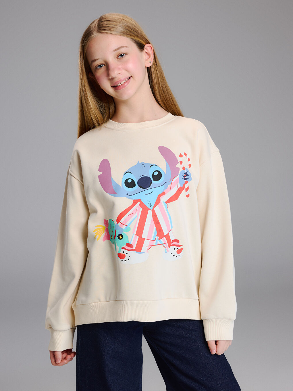 Crew Neck Stitch Printed Girls' Thick Sweatshirt