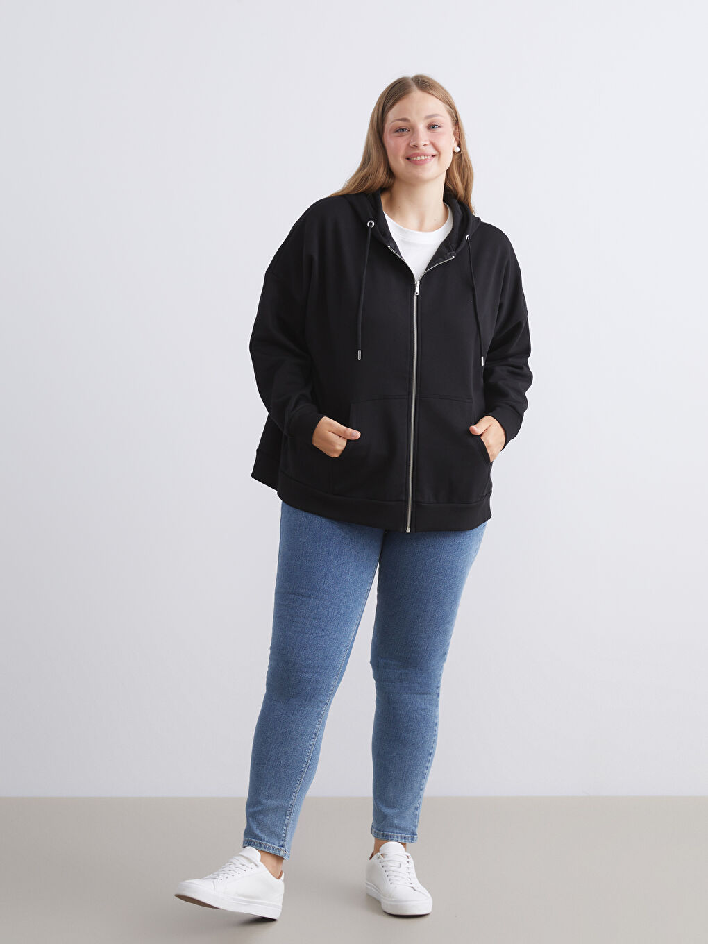 Siyah Oversize Kadın Kalın Fermuarlı Sweatshirt-1