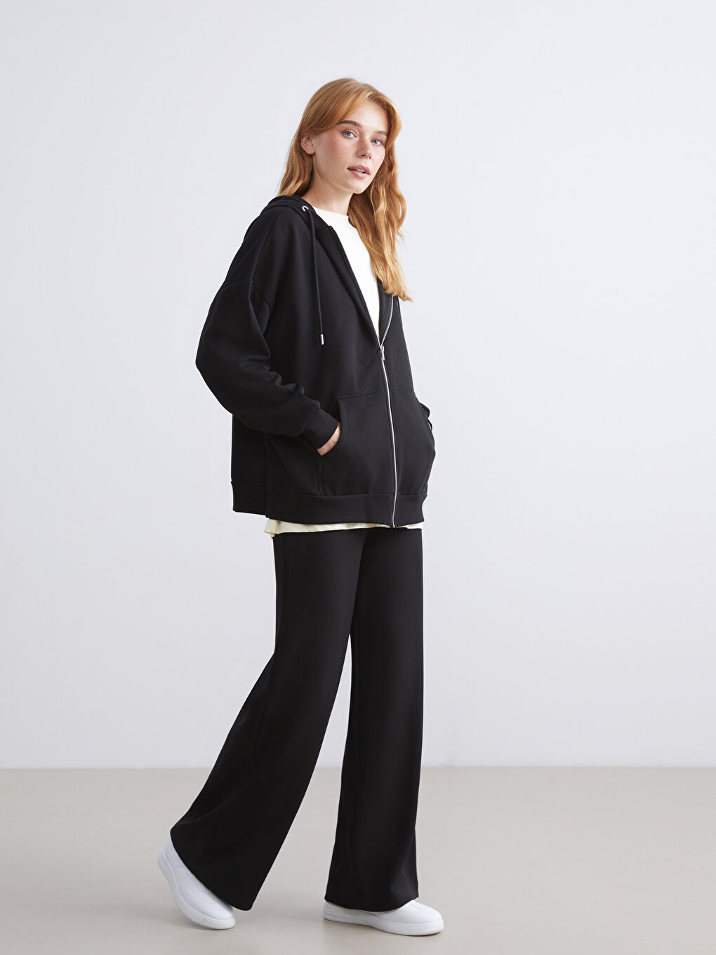 Siyah Oversize Kadın Kalın Fermuarlı Sweatshirt-2