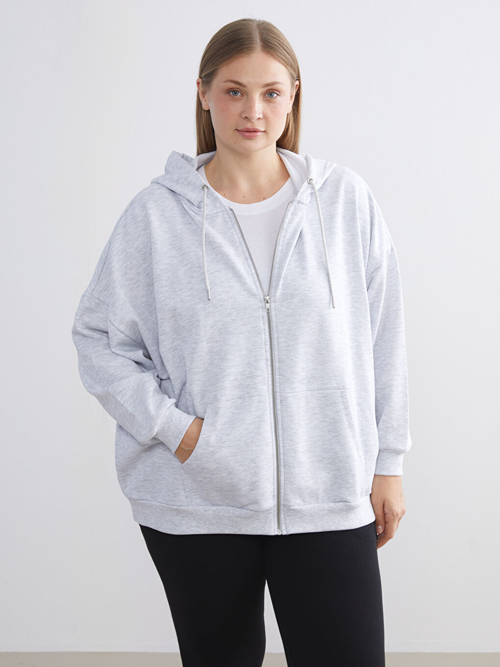 Gri Oversize Kadın Kalın Fermuarlı Sweatshirt-1