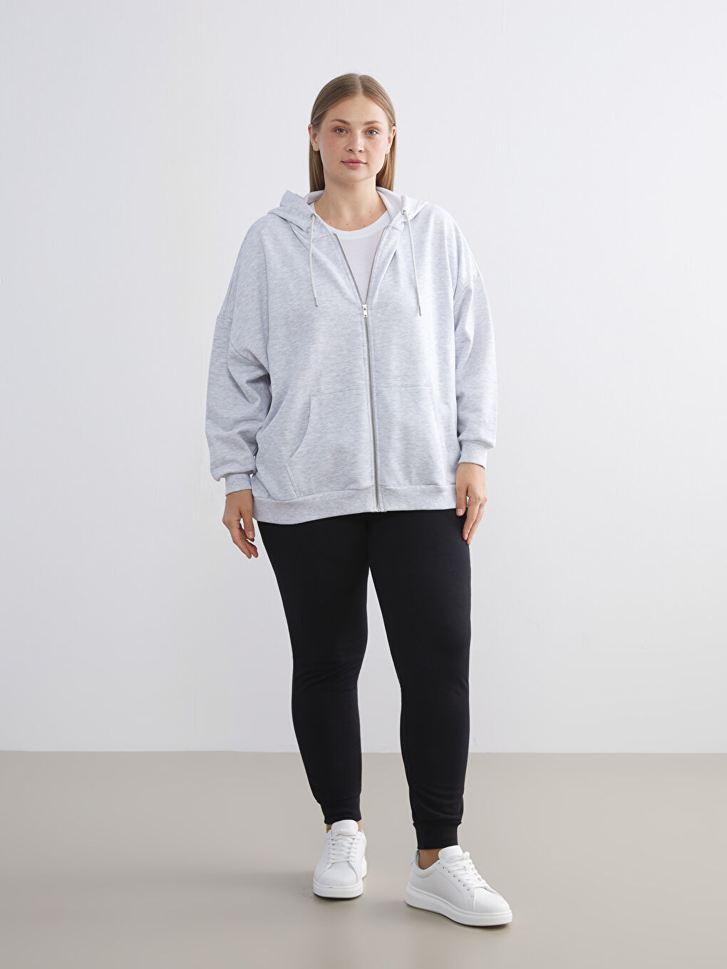 Gri Oversize Kadın Kalın Fermuarlı Sweatshirt-2