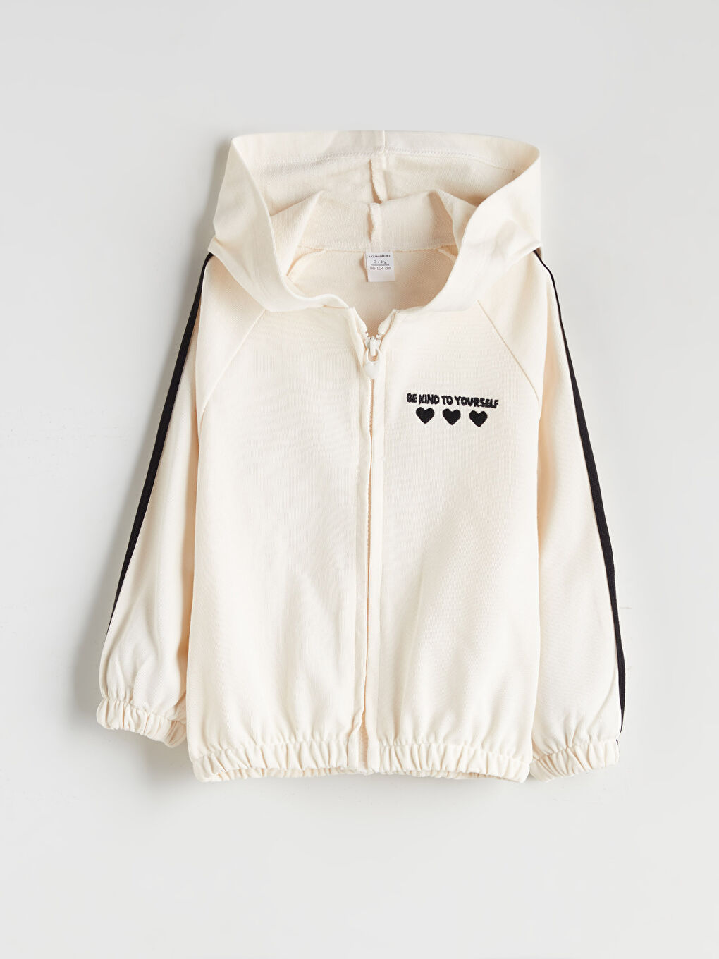 Ekru Kapüşonlu Baskılı Kız Çocuk Fermuarlı Sweatshirt