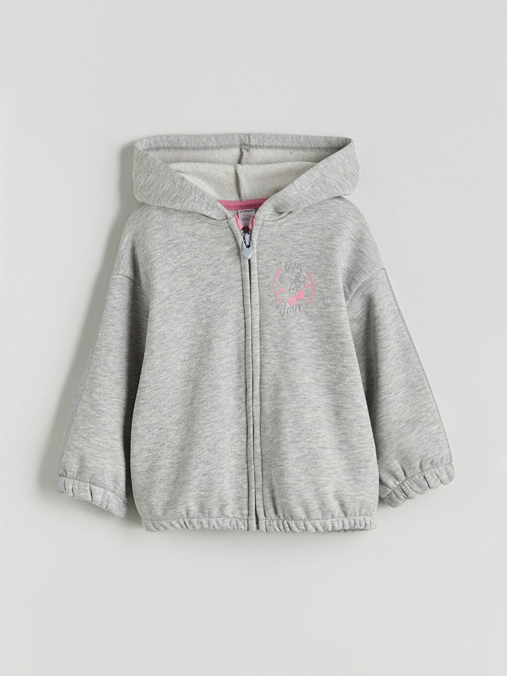 Gri Kapüşonlu Nakışlı Kız Çocuk Fermuarlı Sweatshirt