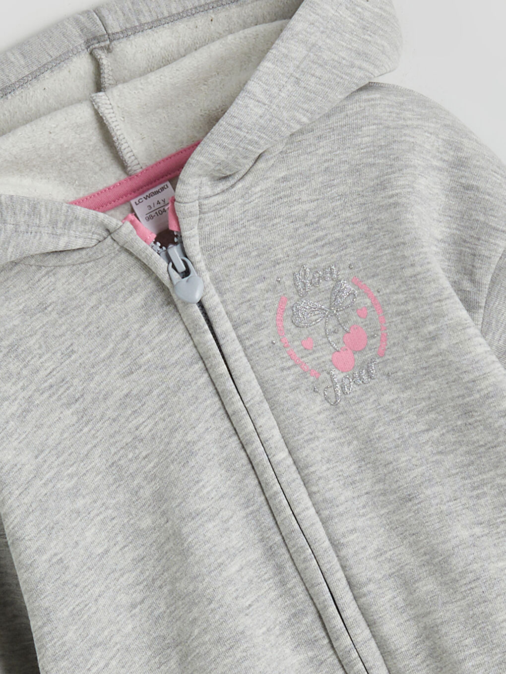 Gri Kapüşonlu Nakışlı Kız Çocuk Fermuarlı Sweatshirt-1