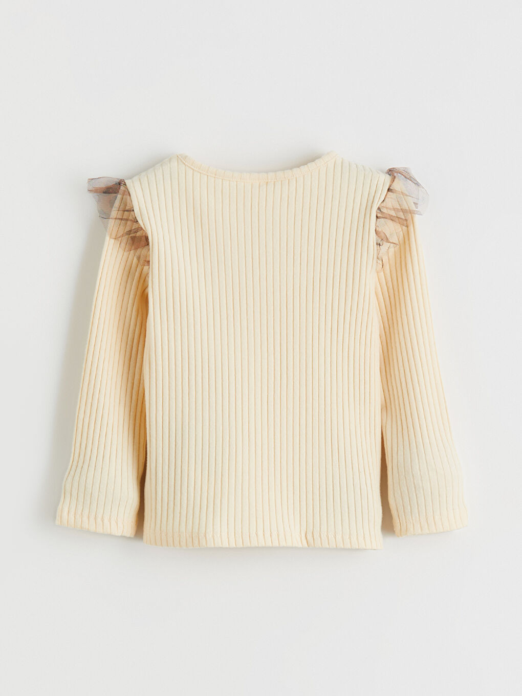 Bej Bisiklet Yaka Fırfırlı Nakışlı Kız Çocuk Tişört-1