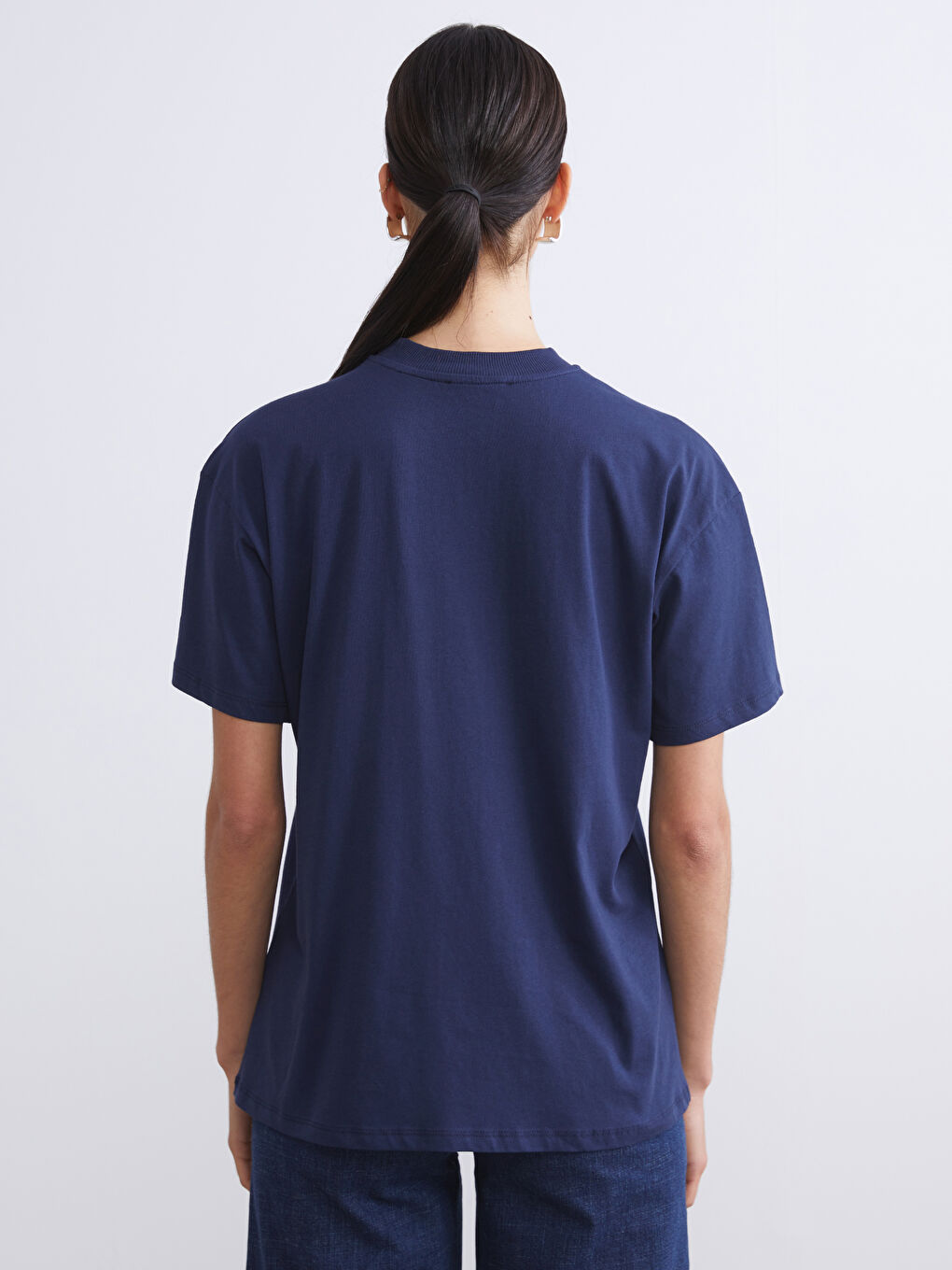 Lacivert Bisiklet Yaka New York Baskılı Kadın Tişört-3