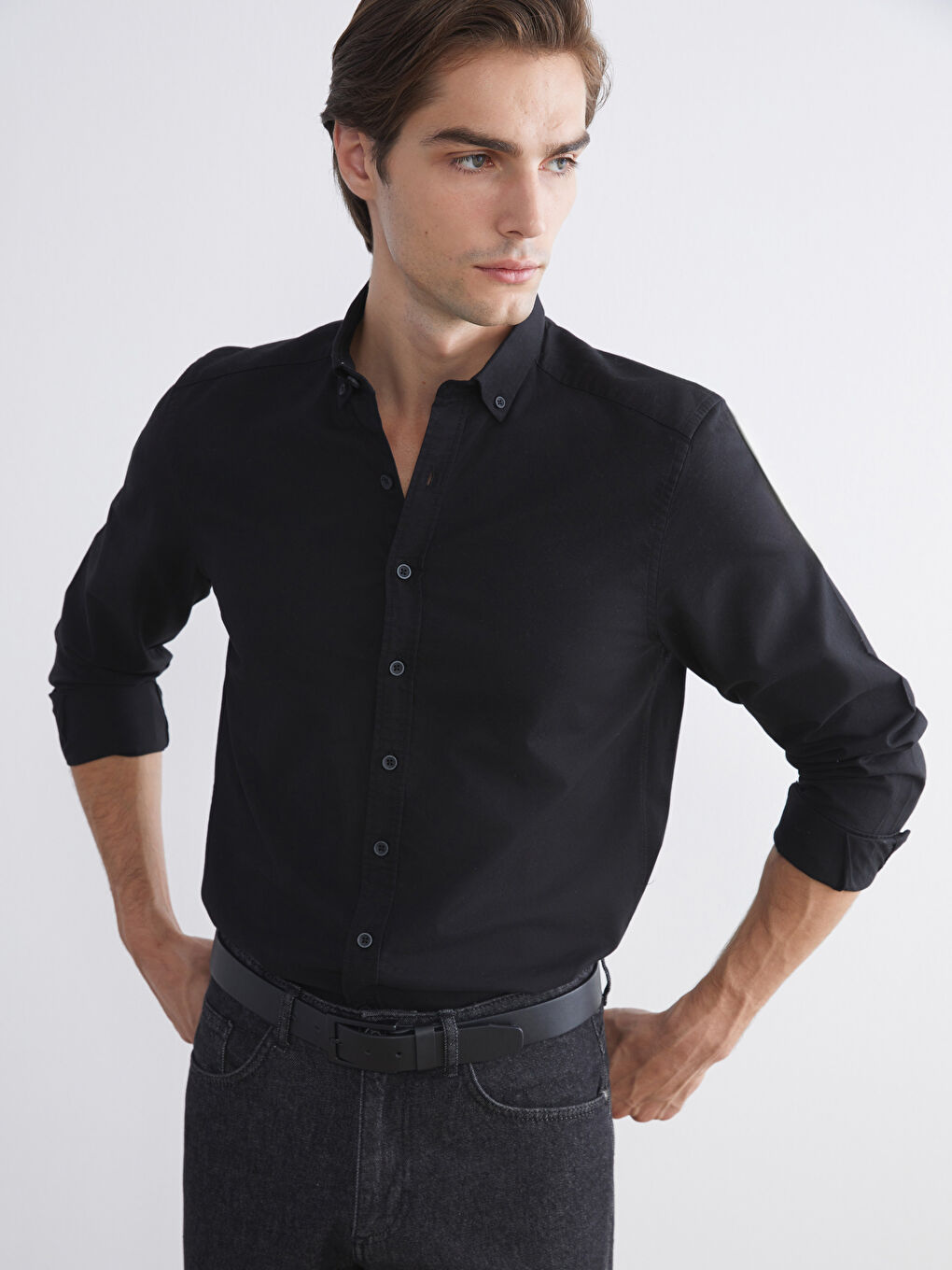 Siyah Slim Fit Uzun Kollu Oxford Erkek Gömlek