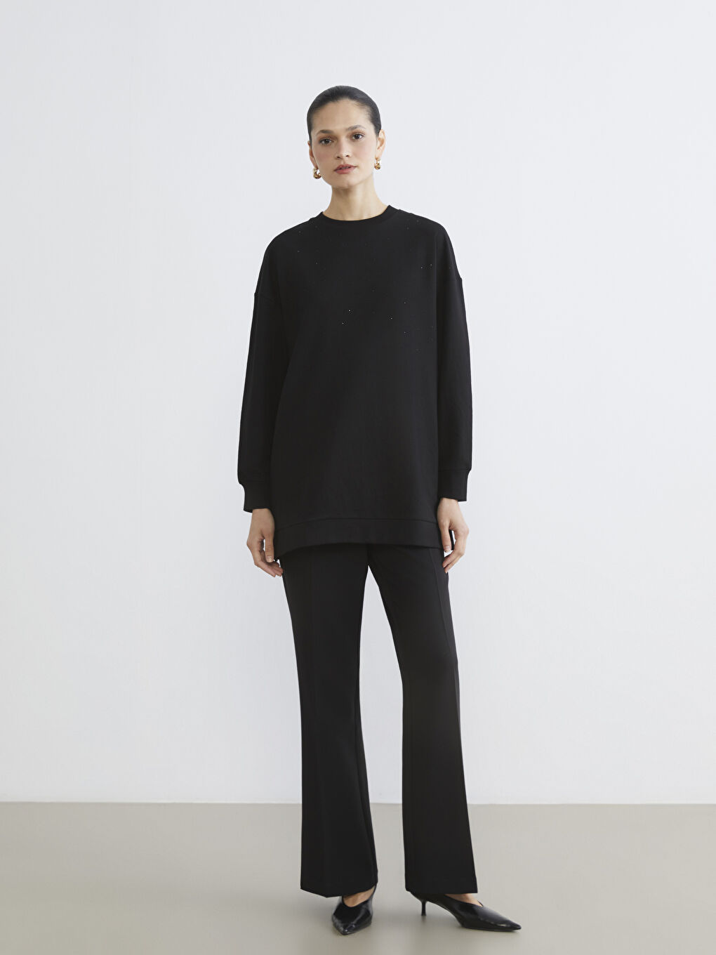 Bisiklet Yaka Taşlı Kadın Sweatshirt Tunik-1