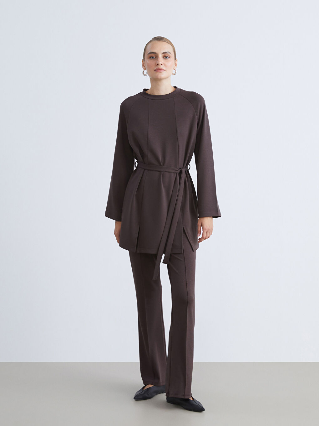 Kahverengi Bisiklet Yaka Kadın Sweatshirt Tunik-1