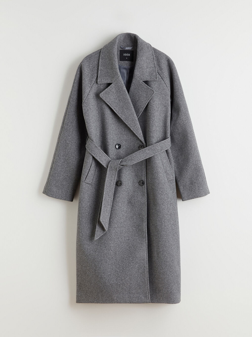 Gri Beli Kemerli Kruvaze Yaka Kadın Kaşe Kaban-5