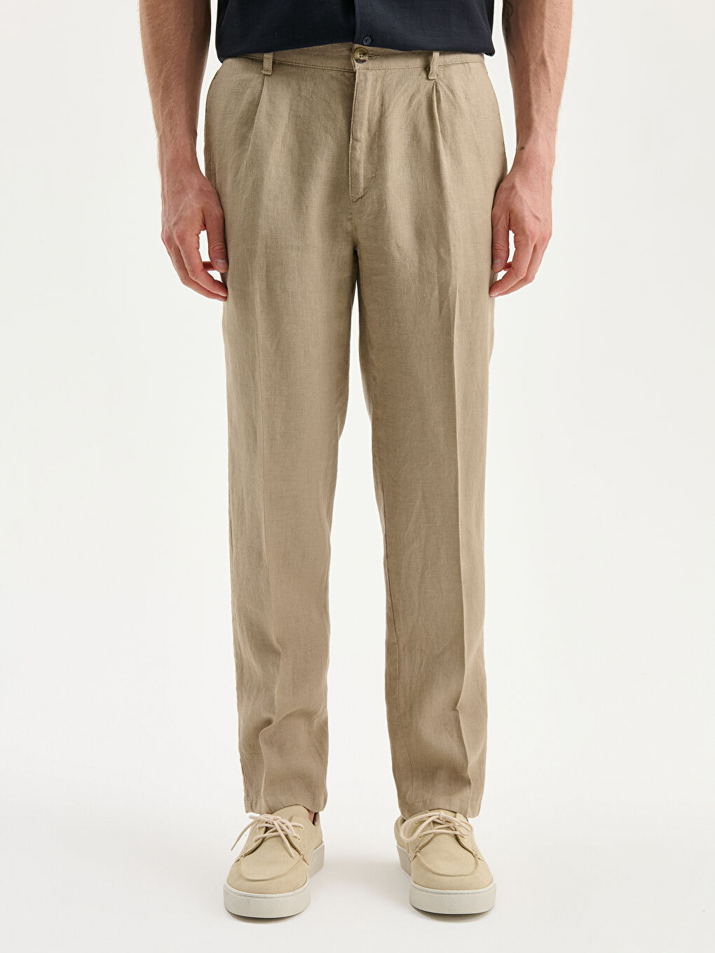 Bej Standart Kalıp Keten Erkek Pantolon-1
