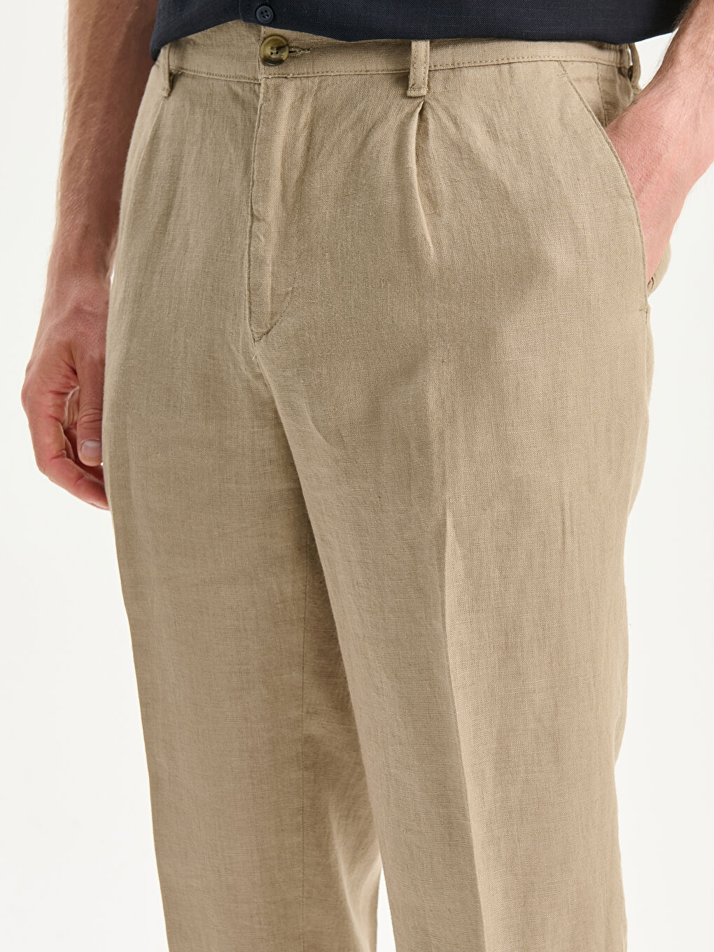 Bej Standart Kalıp Keten Erkek Pantolon-2