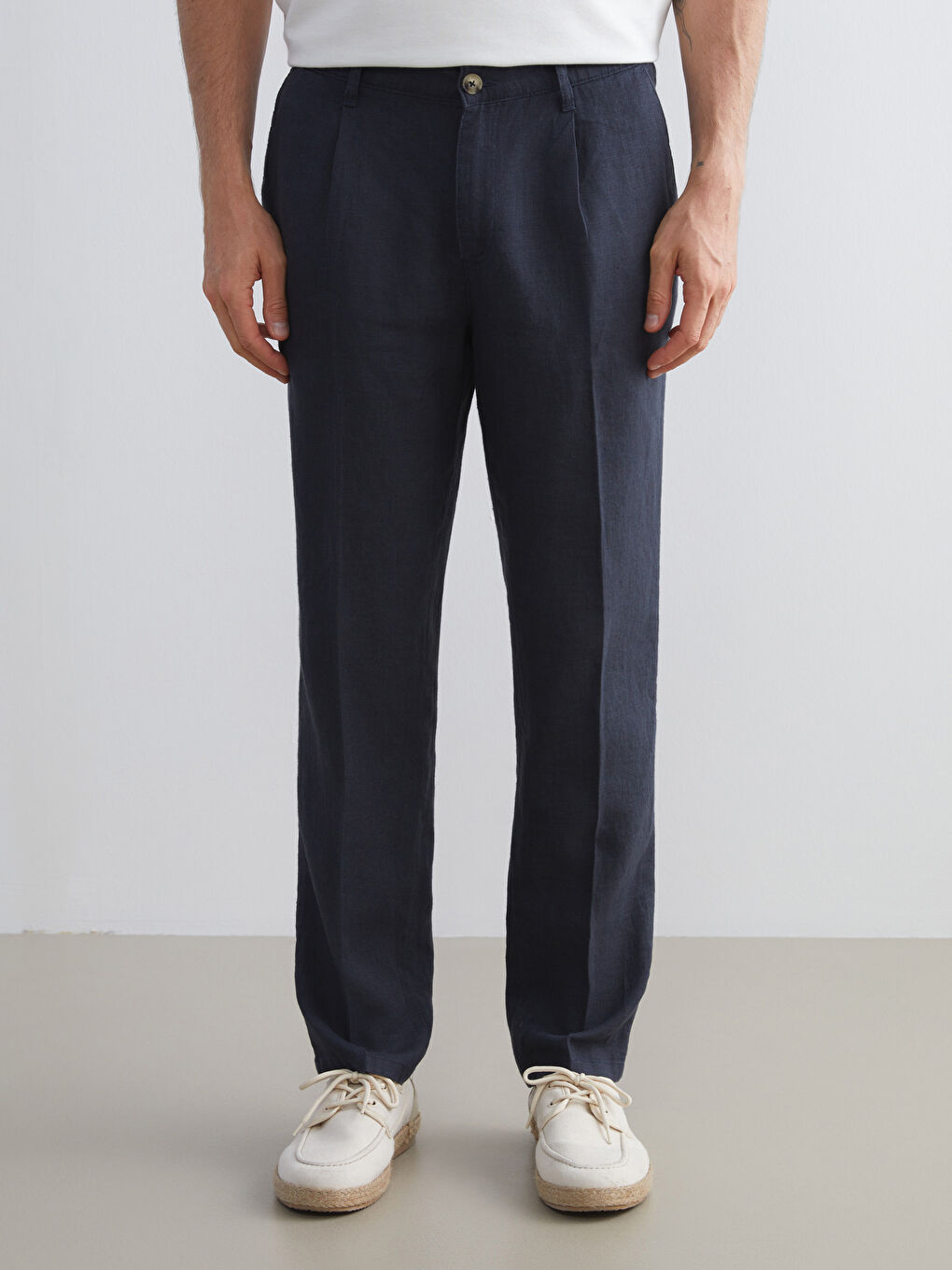 Lacivert Standart Kalıp Keten Erkek Pantolon-1
