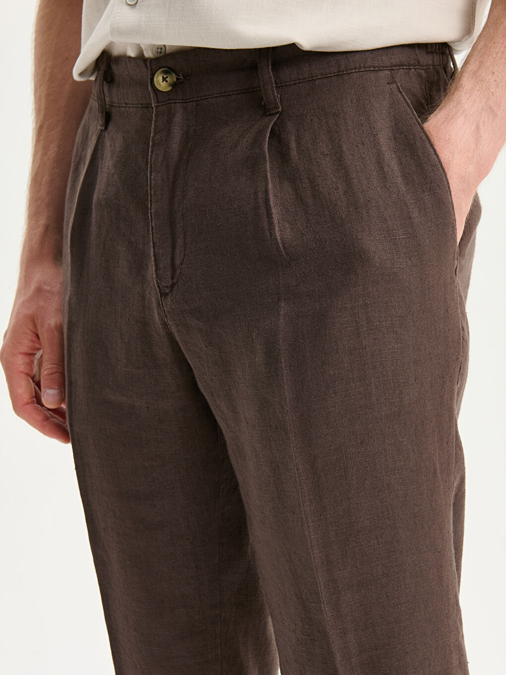 Kahverengi Standart Kalıp Keten Erkek Pantolon-2