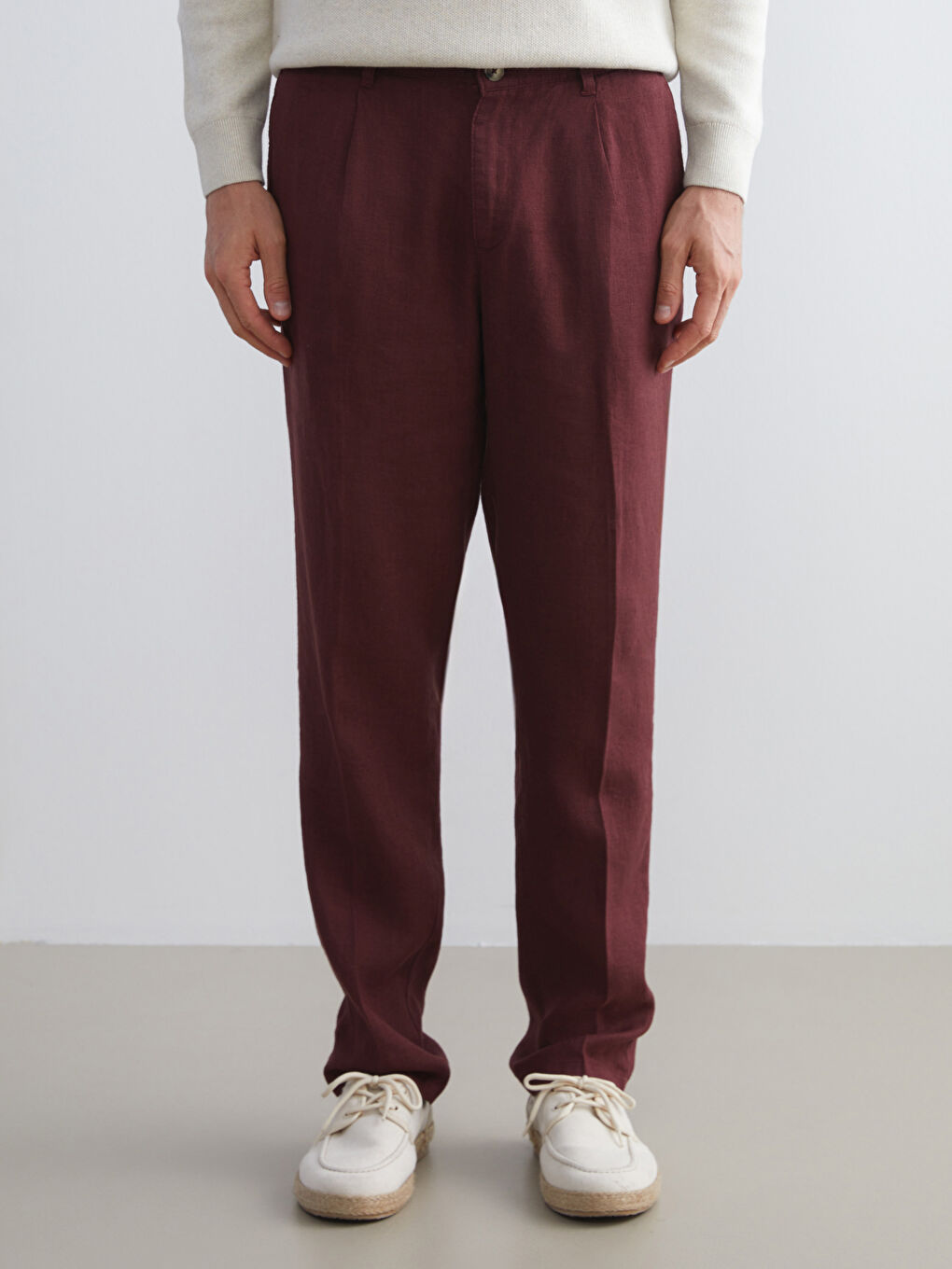 Mürdüm Standart Kalıp Keten Erkek Pantolon-1