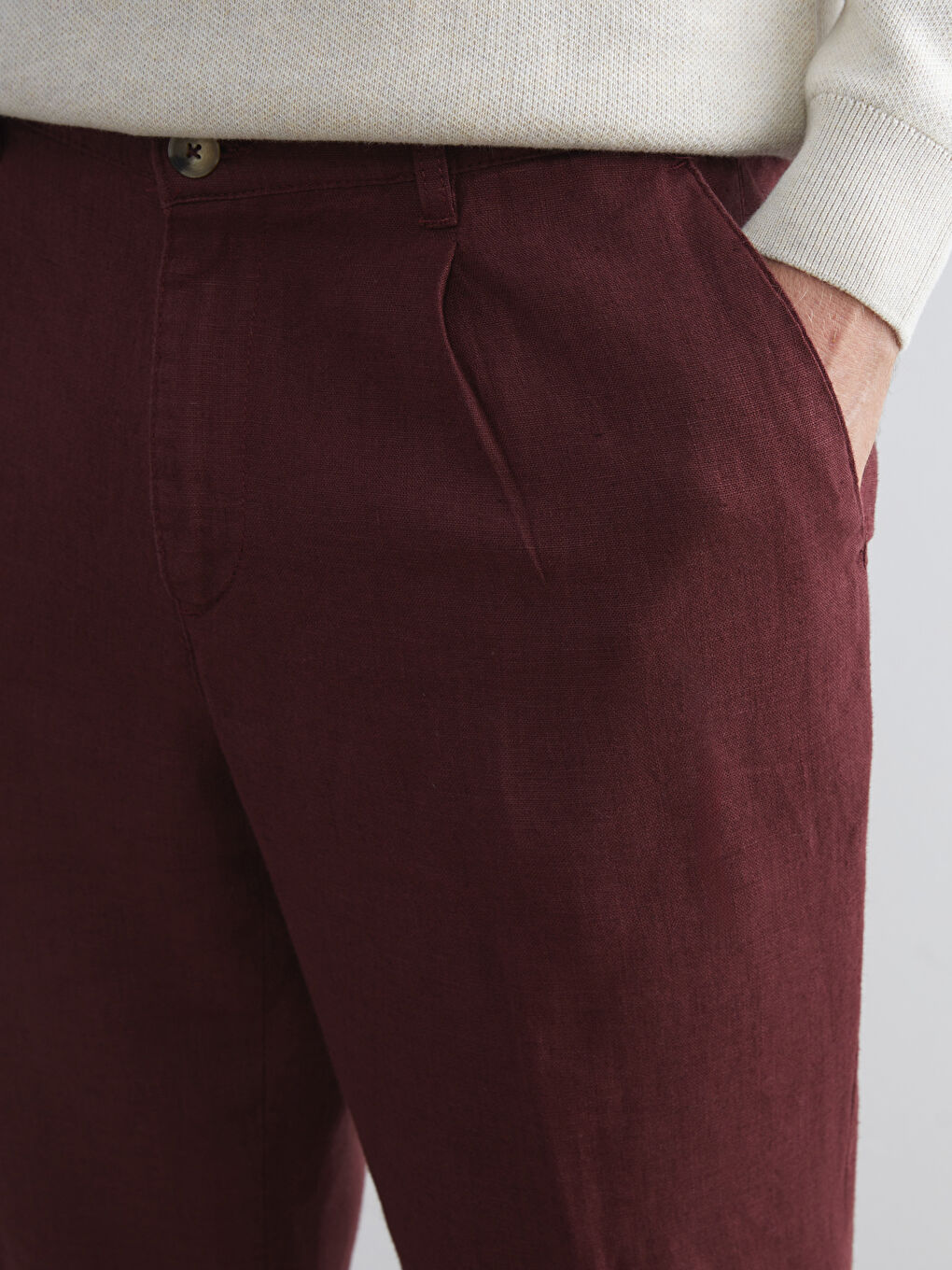 Mürdüm Standart Kalıp Keten Erkek Pantolon-2