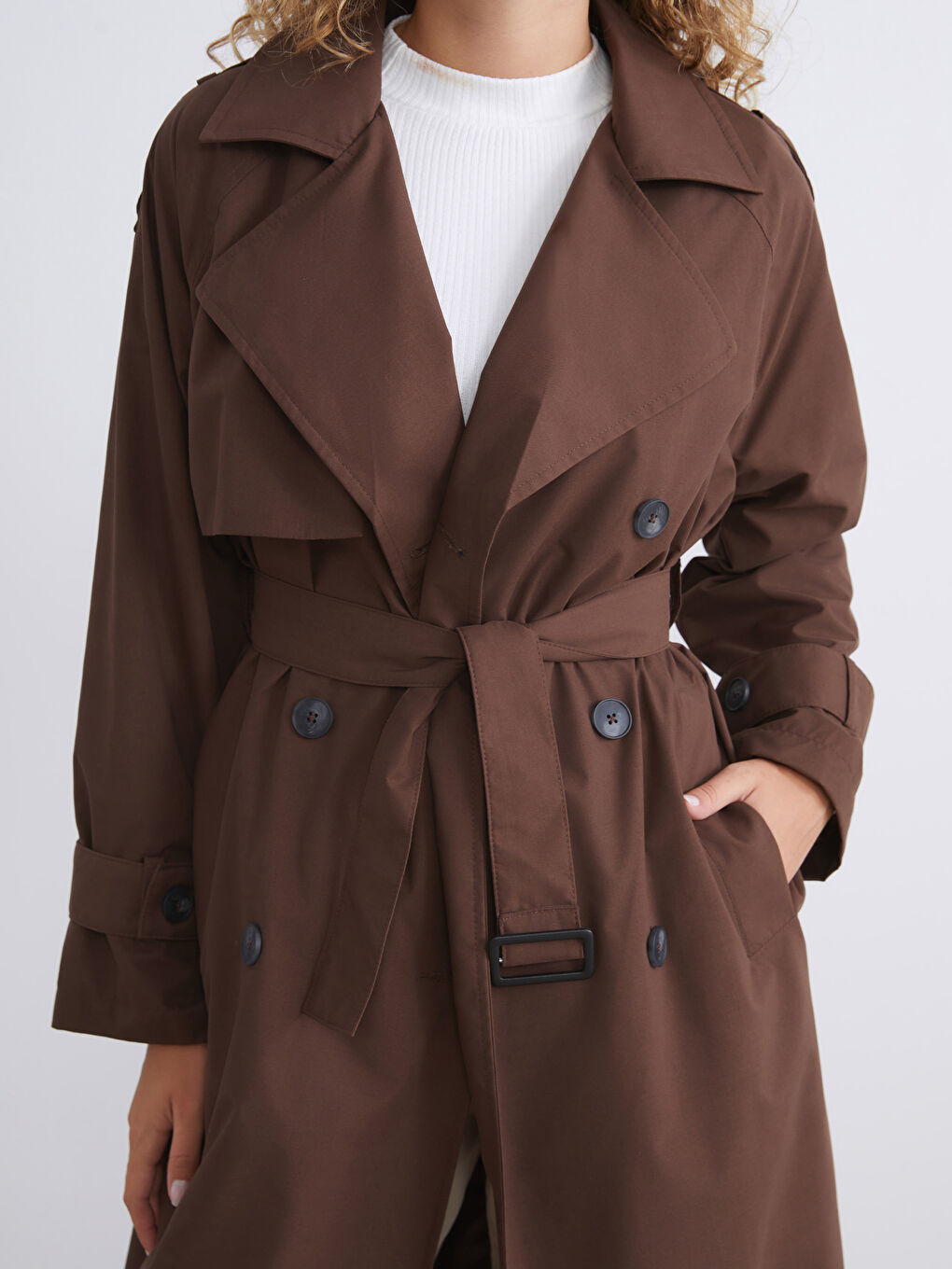 Kahverengi Kruvaze Yaka Oversize Kadın Trençkot-2
