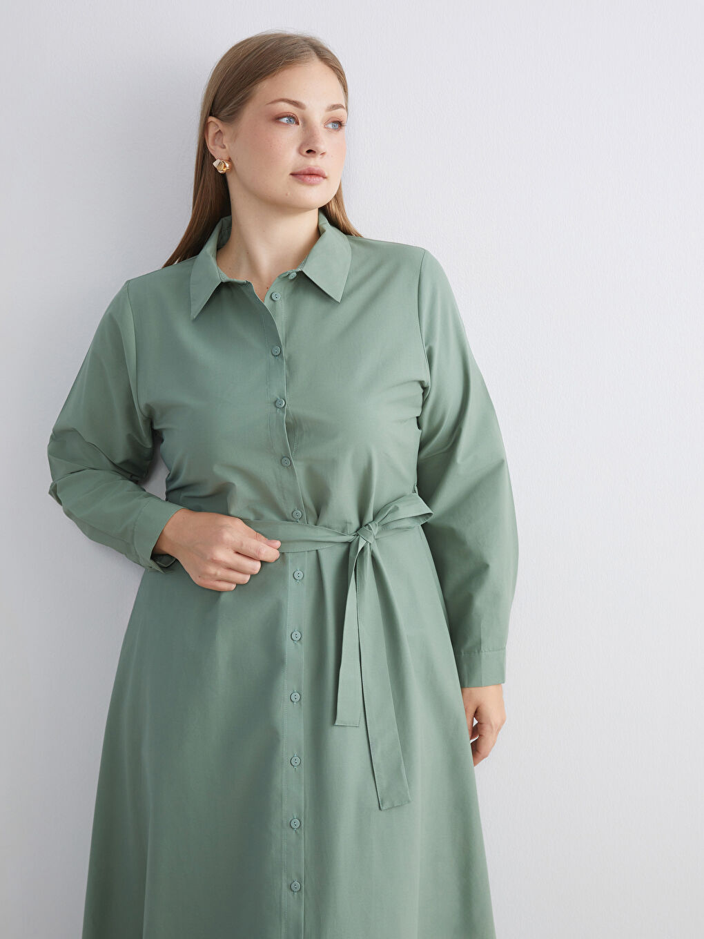 Plus Size Belted Waist Poplin Shirt Dress-7