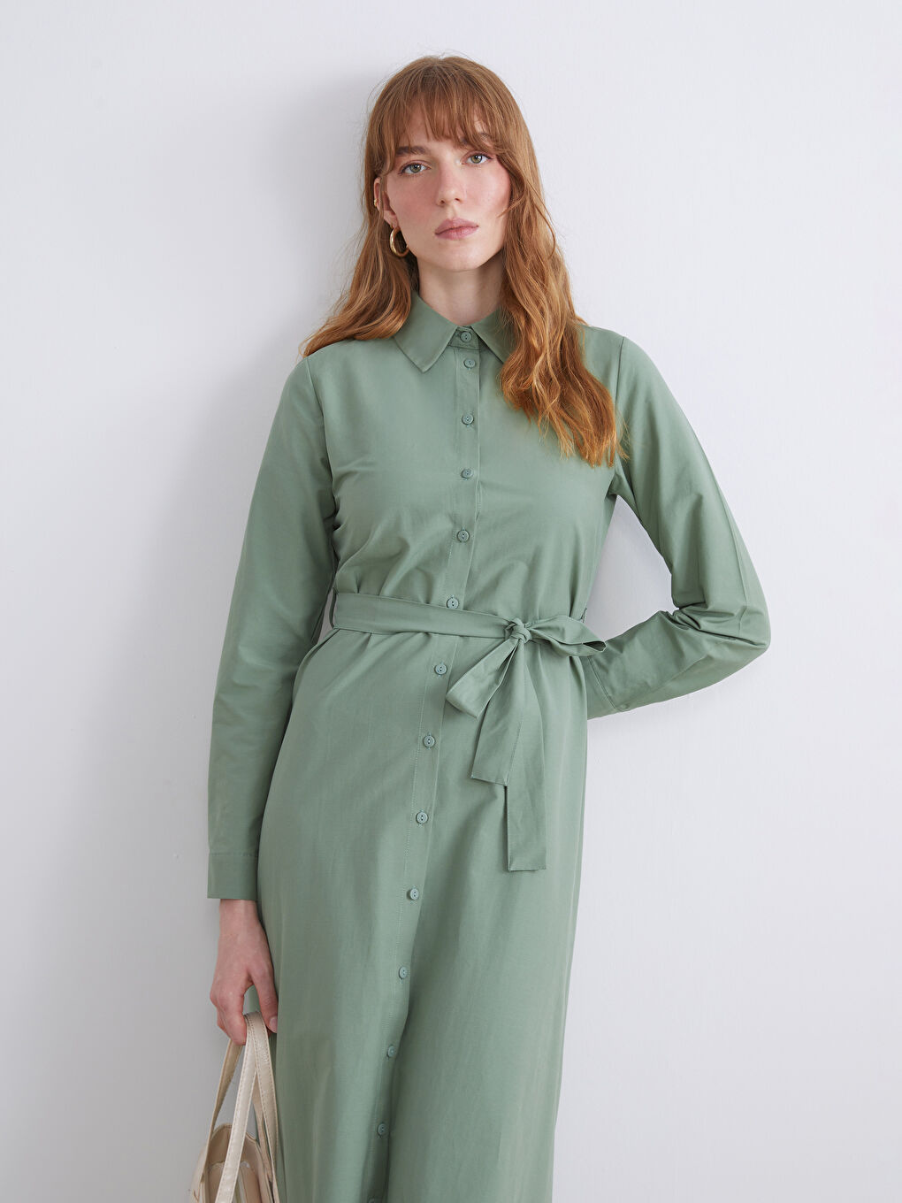 Plus Size Belted Waist Poplin Shirt Dress-3