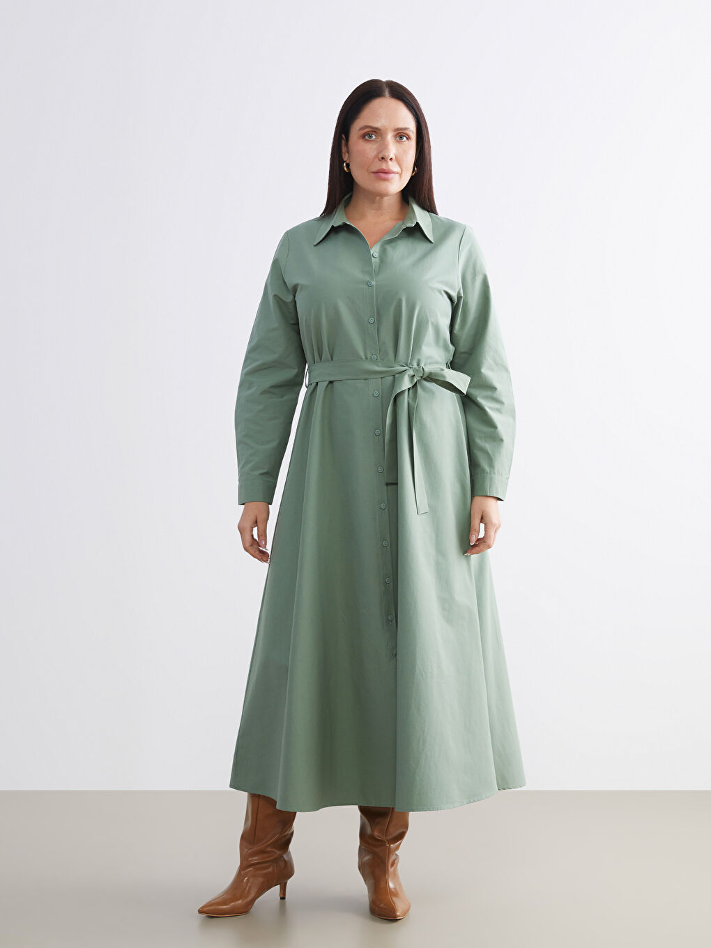 Plus Size Belted Waist Poplin Shirt Dress-2
