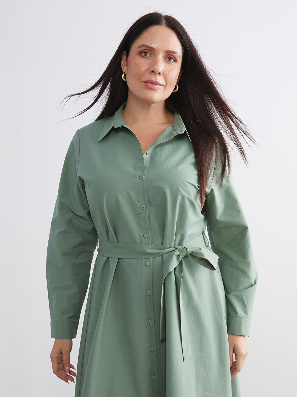 Plus Size Belted Waist Poplin Shirt Dress-6