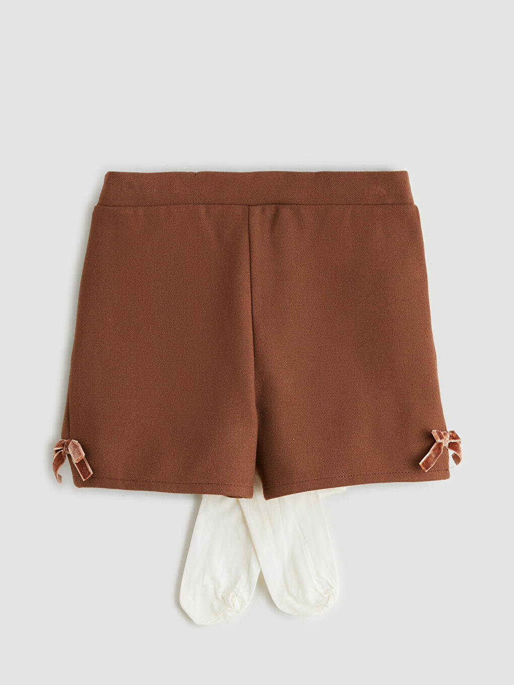 Kahverengi Fiyonk Detaylı Kız Çocuk Gömlek, Şort ve Külotlu Çorap-2