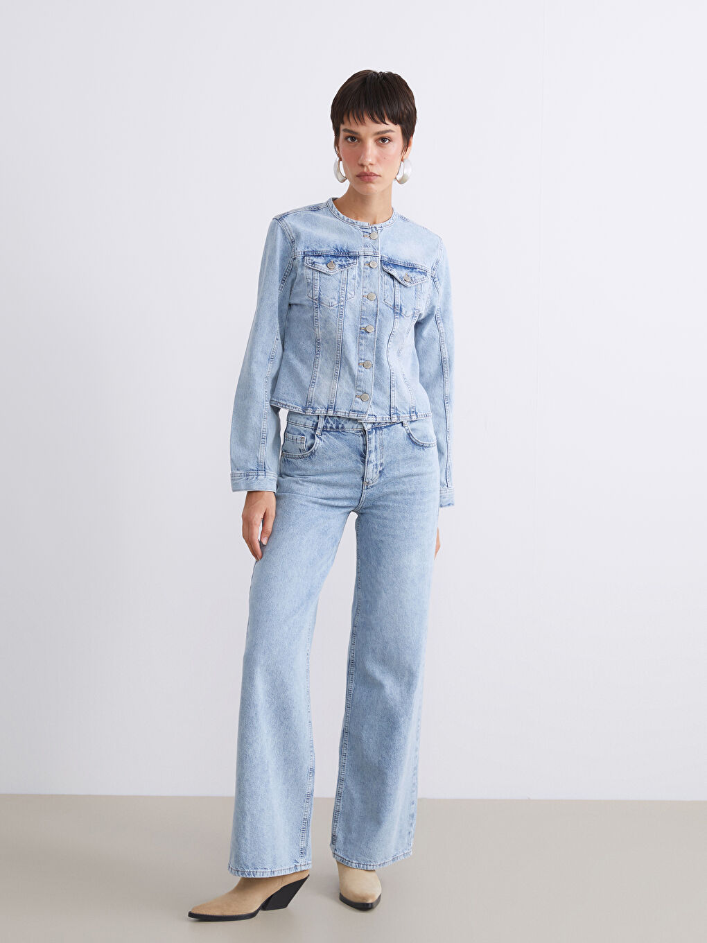 İndigo Bisiklet Yaka Kadın Jean Ceket-1