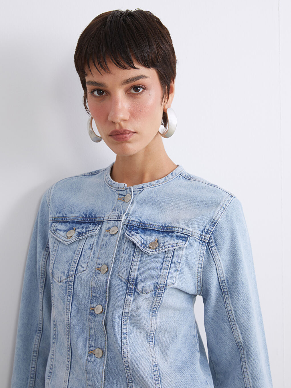 İndigo Bisiklet Yaka Kadın Jean Ceket-2