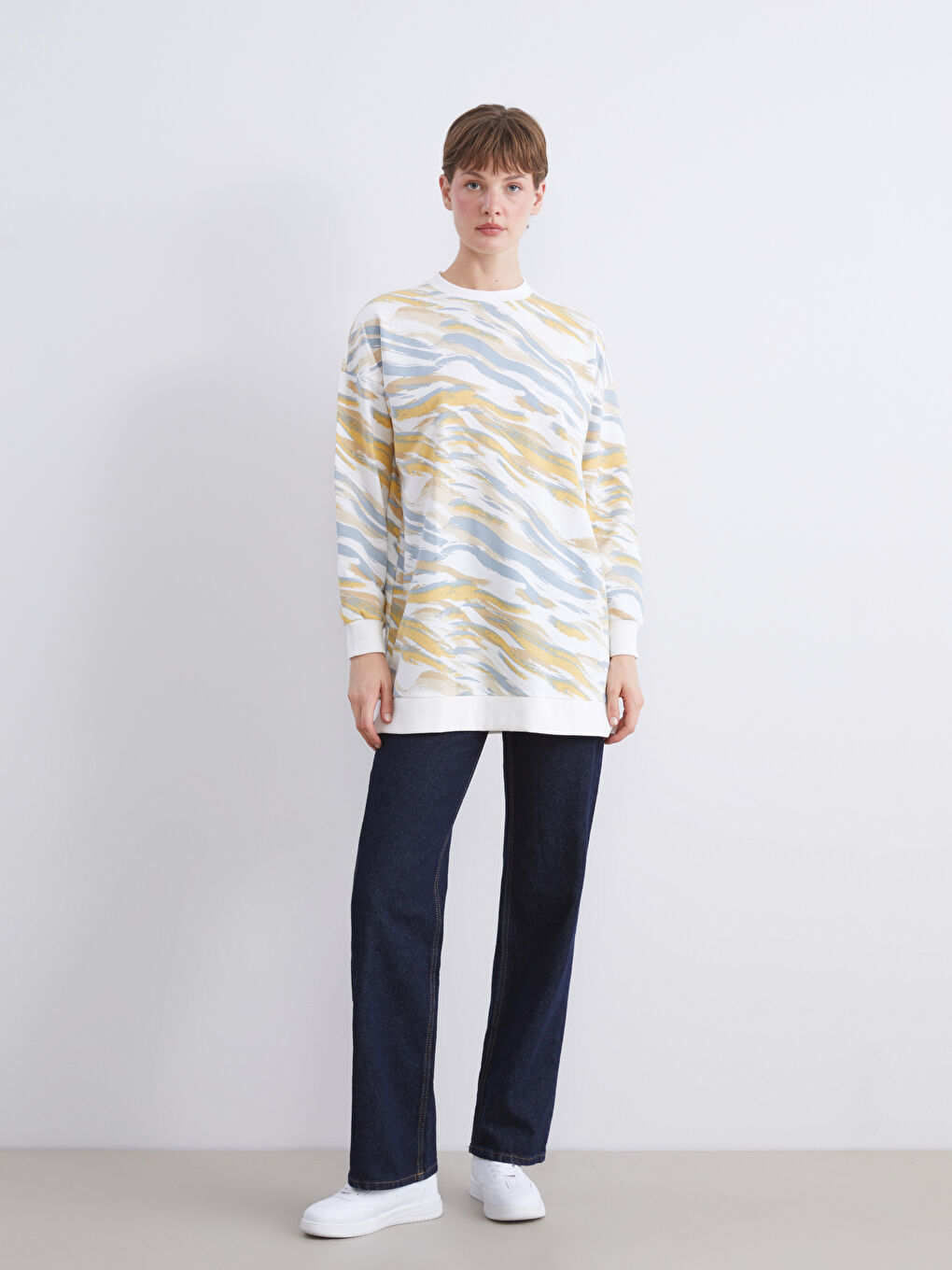 Mavi Bisiklet Yaka Desenli Kadın Sweatshirt Tunik-1