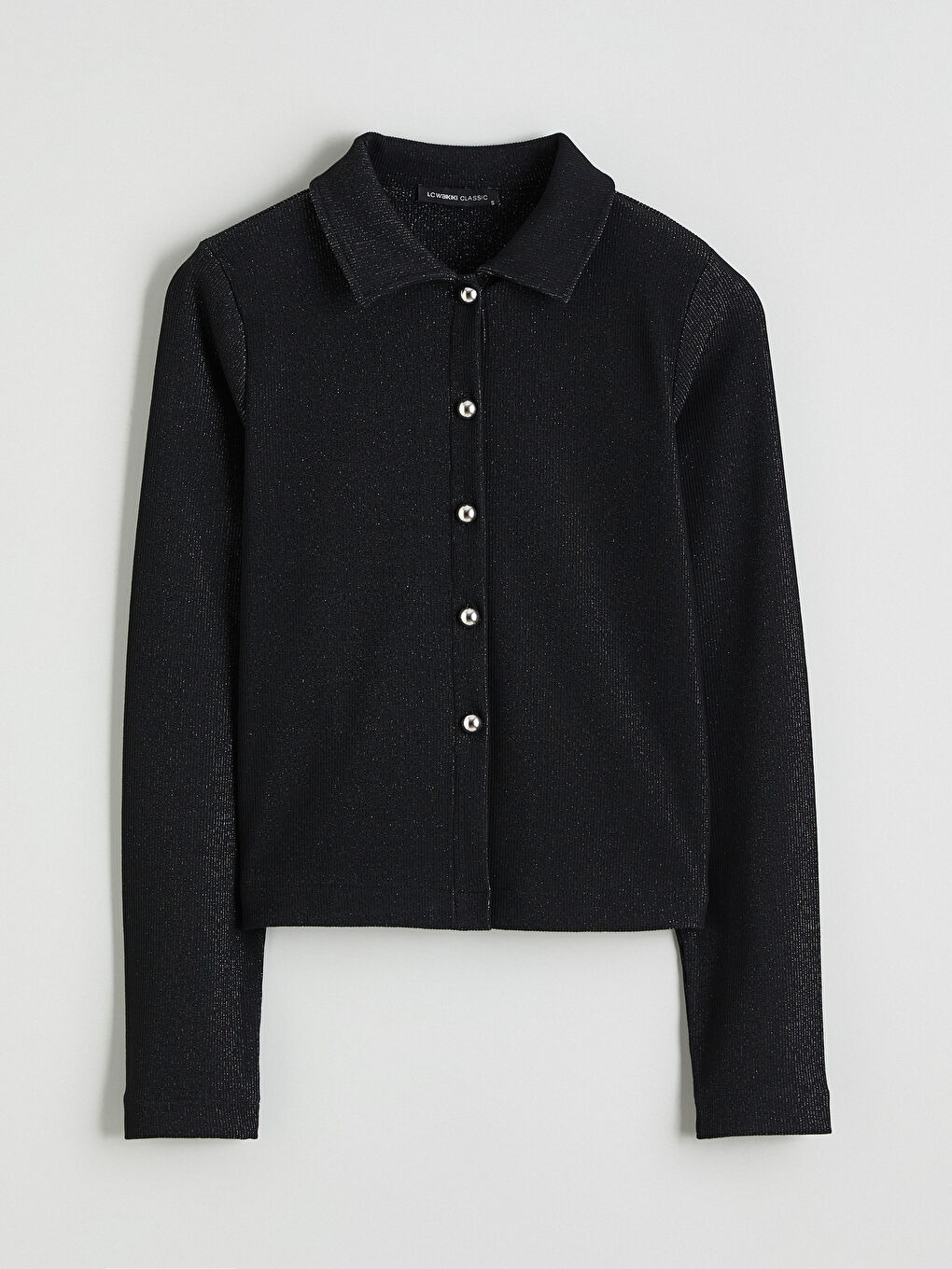 Siyah Polo Yaka Parlak Görünümlü Kadın Hırka-4