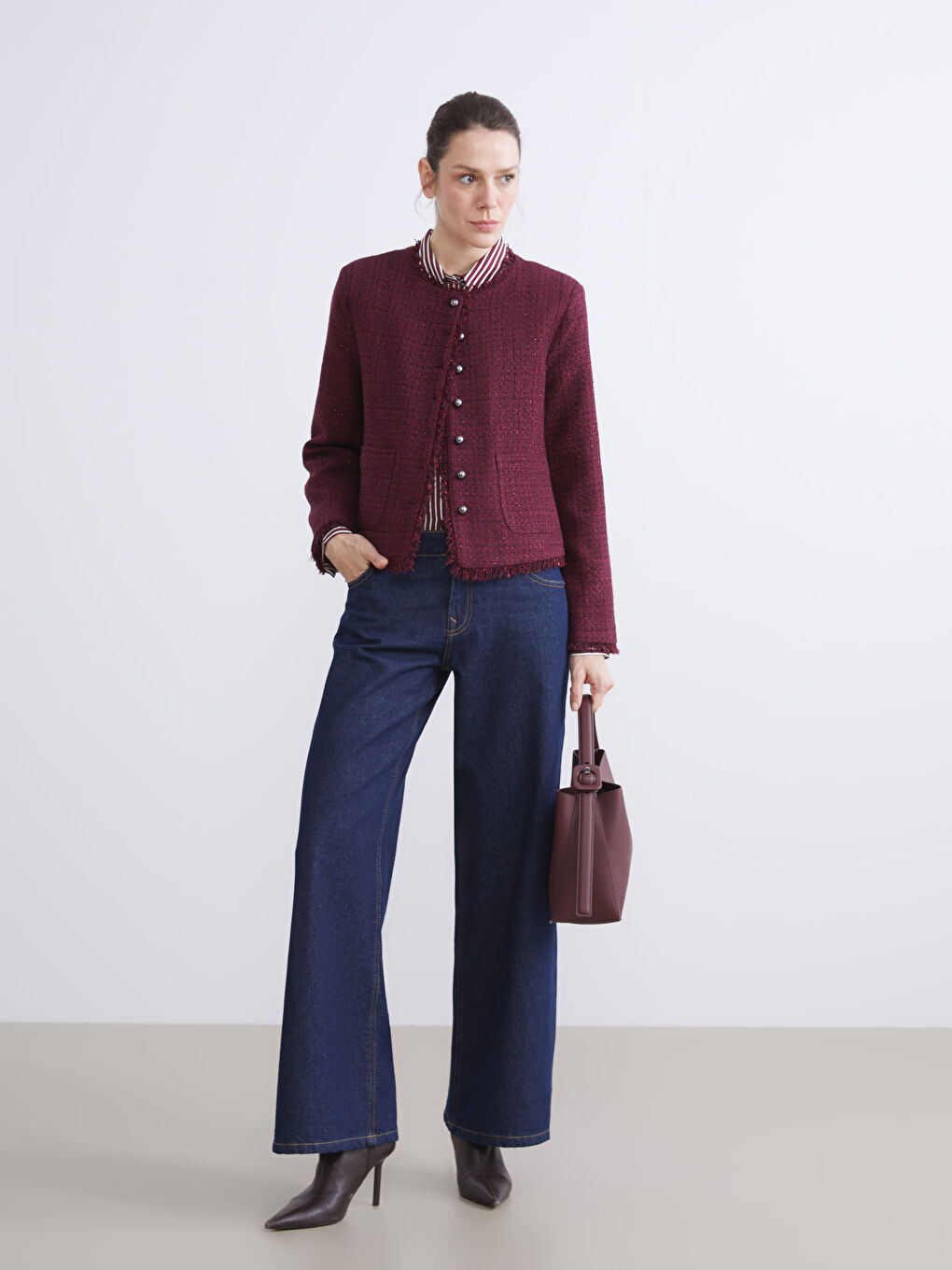 Bordo Bisiklet Yaka Kadın Ceket-1