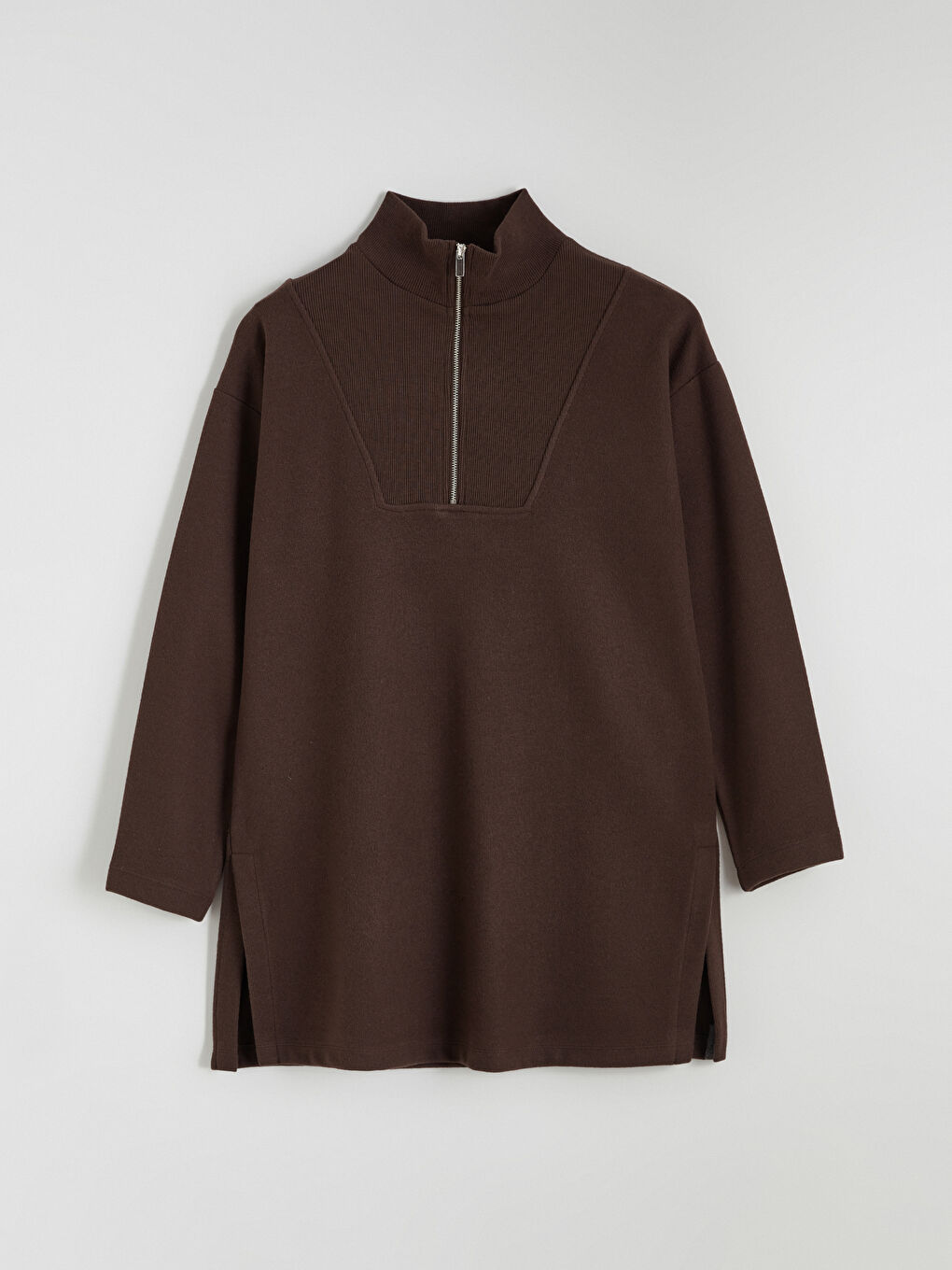 Kahverengi Dik Yaka Kadın Sweatshirt Tunik-4