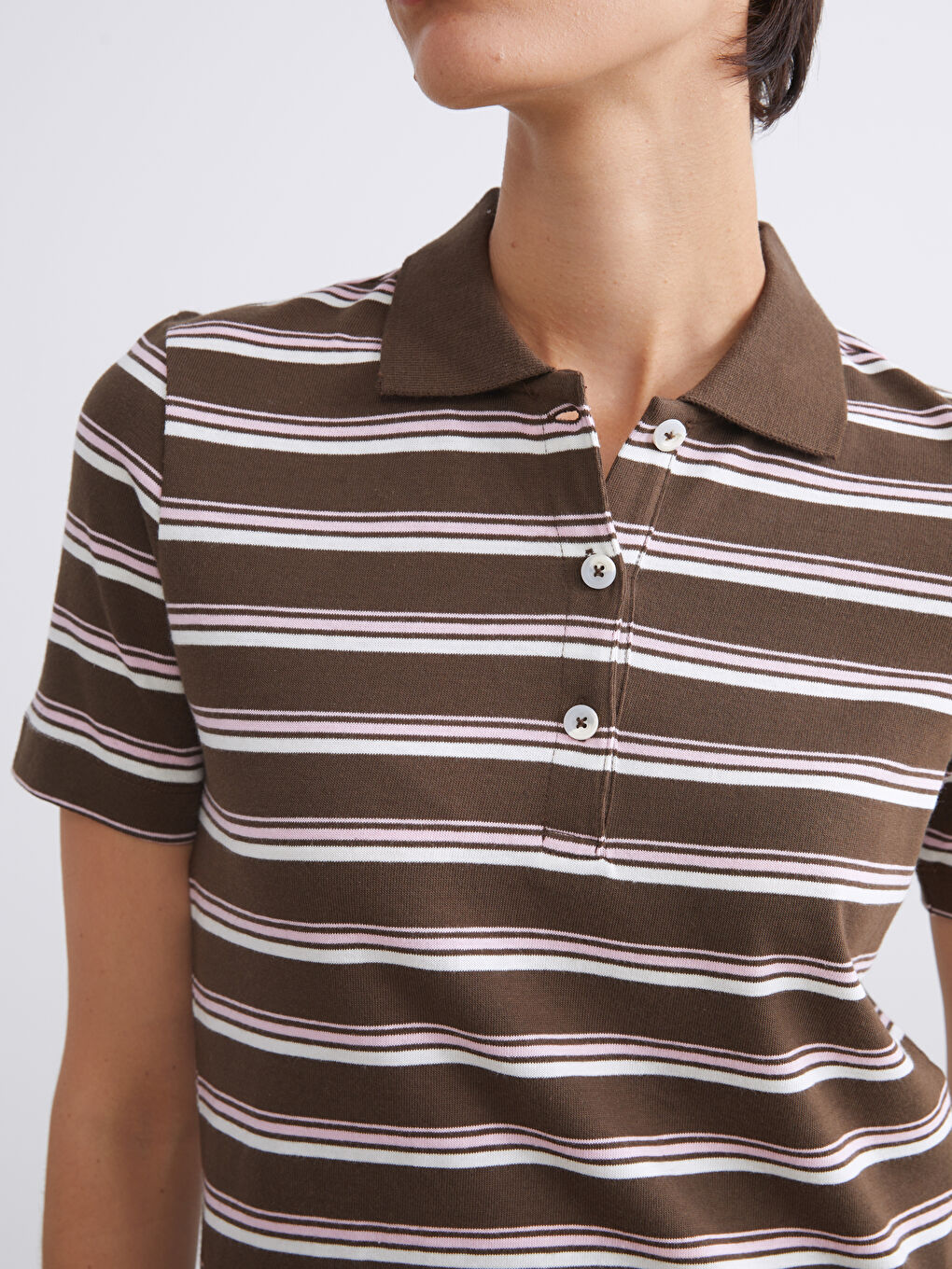 Karışık Polo Yaka Çizgili Kadın Tişört-2