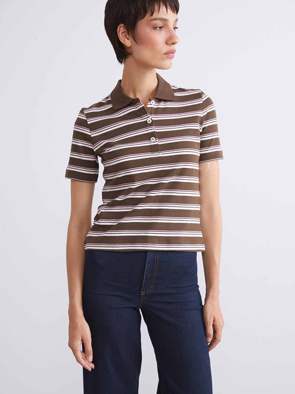 Karışık Polo Yaka Çizgili Kadın Tişört-3