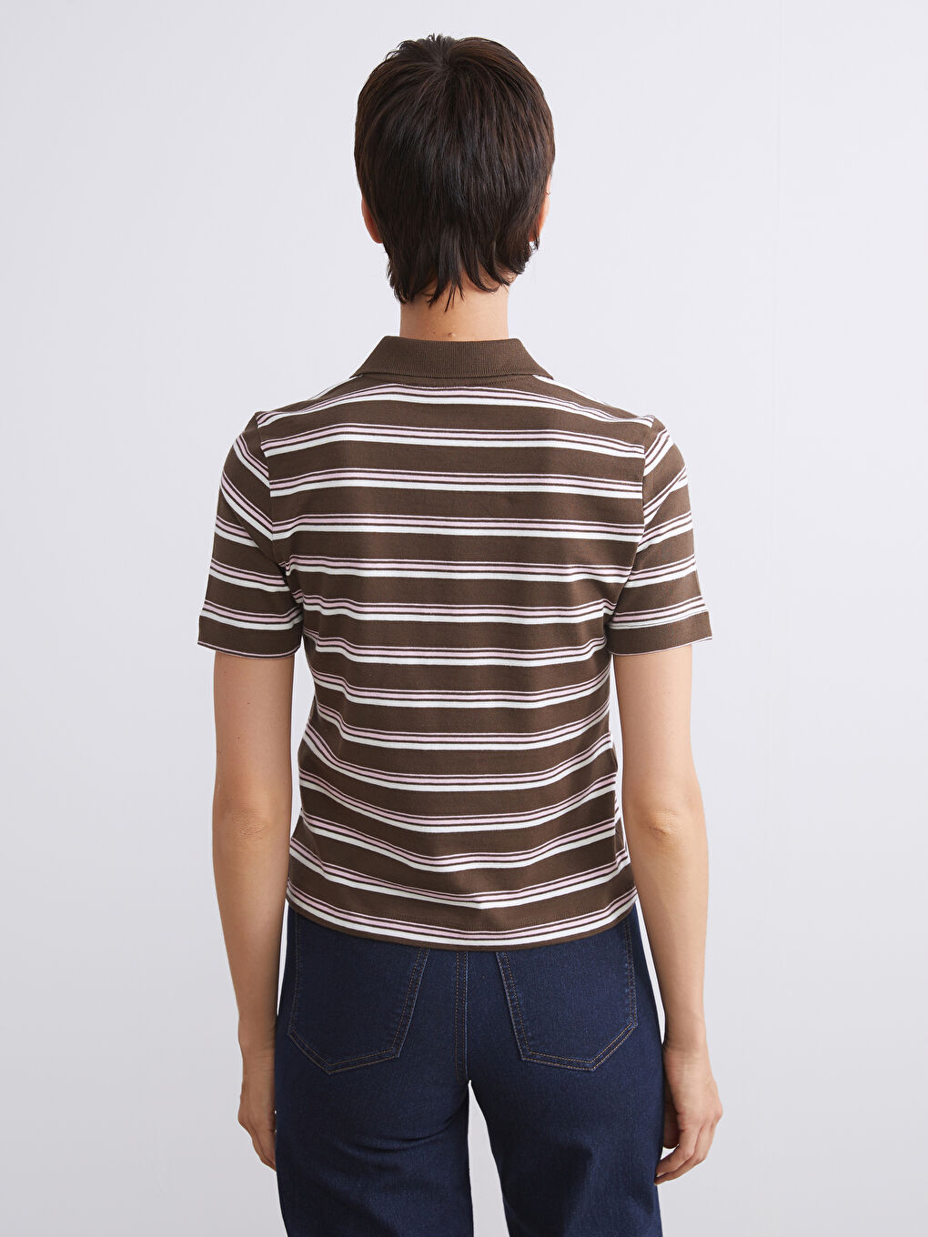 Karışık Polo Yaka Çizgili Kadın Tişört-4