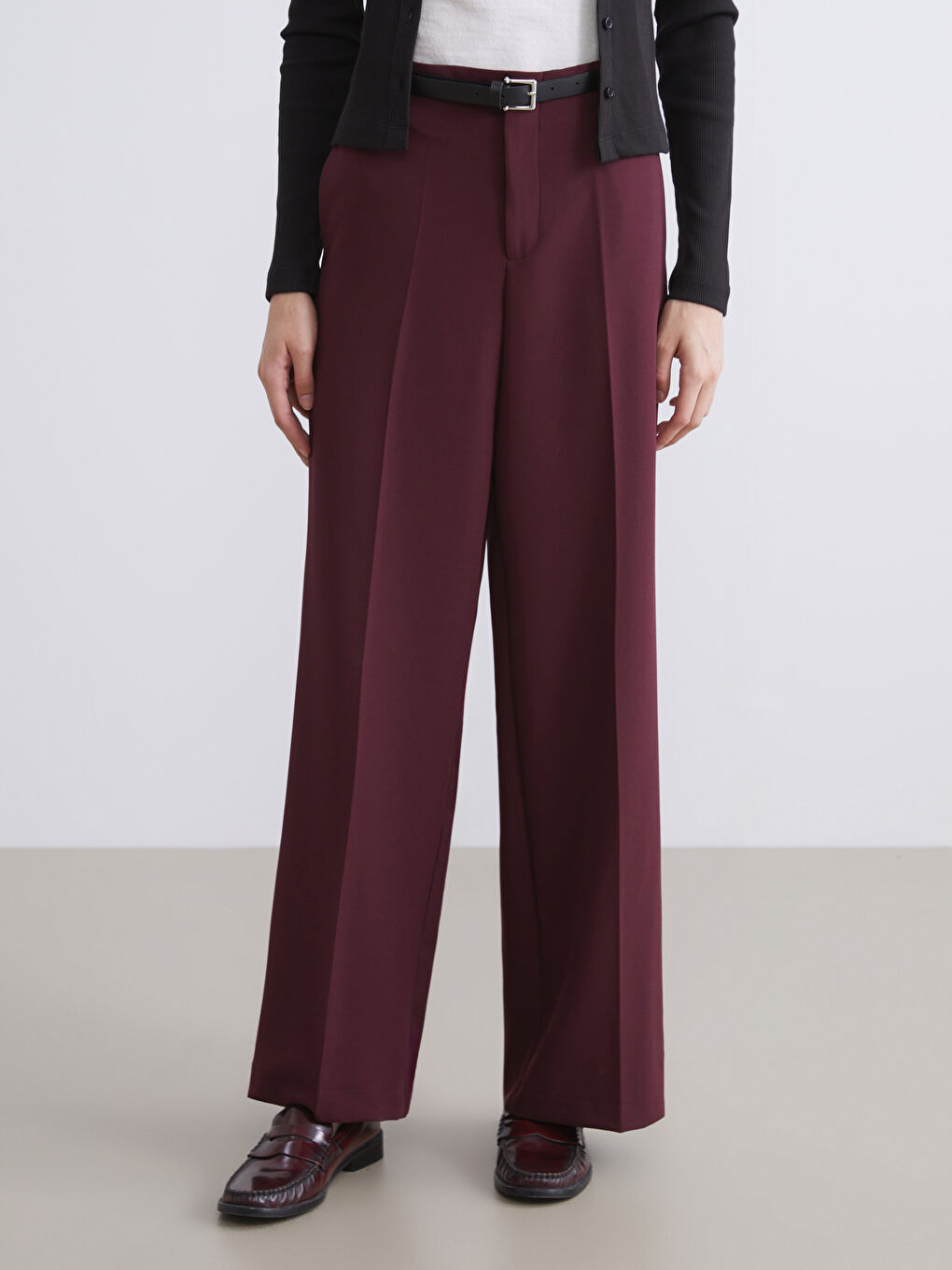 Bordo Beli Kemerli Geniş Paça Kadın Pantolon-1