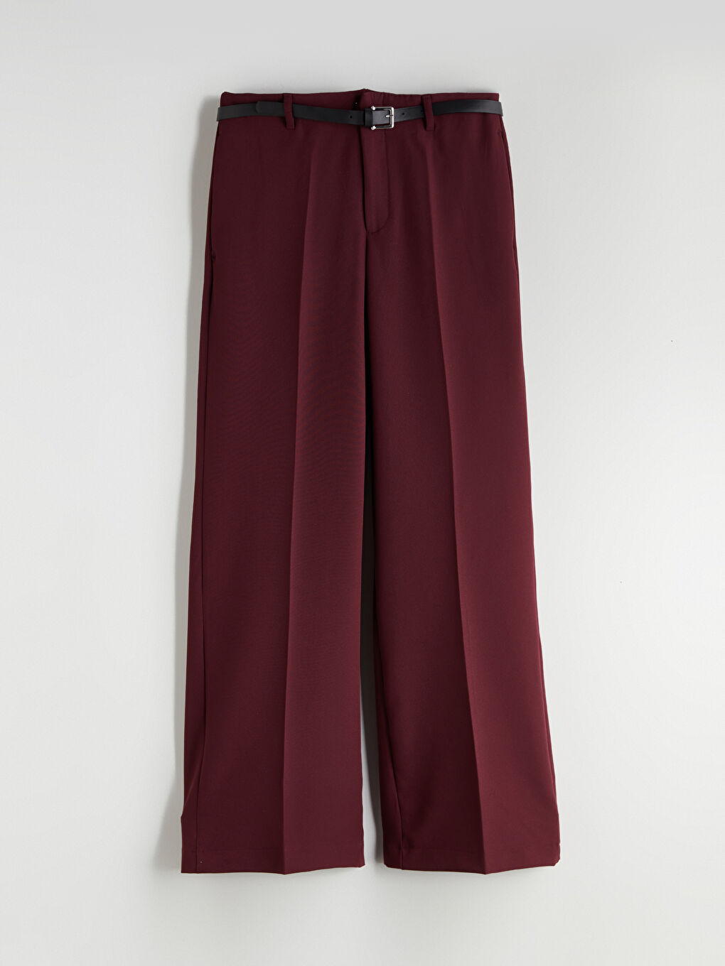 Bordo Beli Kemerli Geniş Paça Kadın Pantolon-4