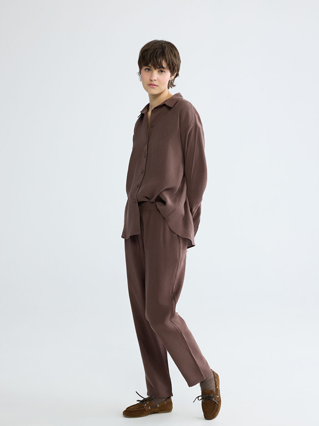 Kahverengi Beli Lastikli Modal Karışımlı Kadın Pantolon-1