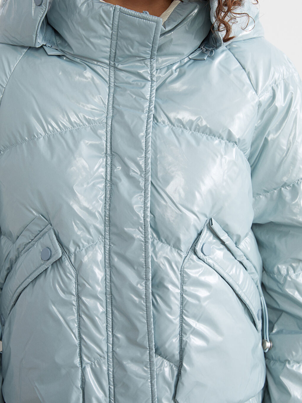 Mavi Kapüşonlu Kadın Şişme Mont-2