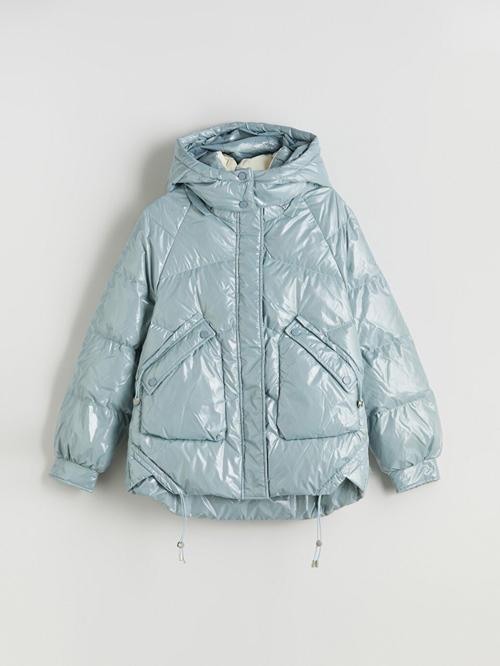 Mavi Kapüşonlu Kadın Şişme Mont-5