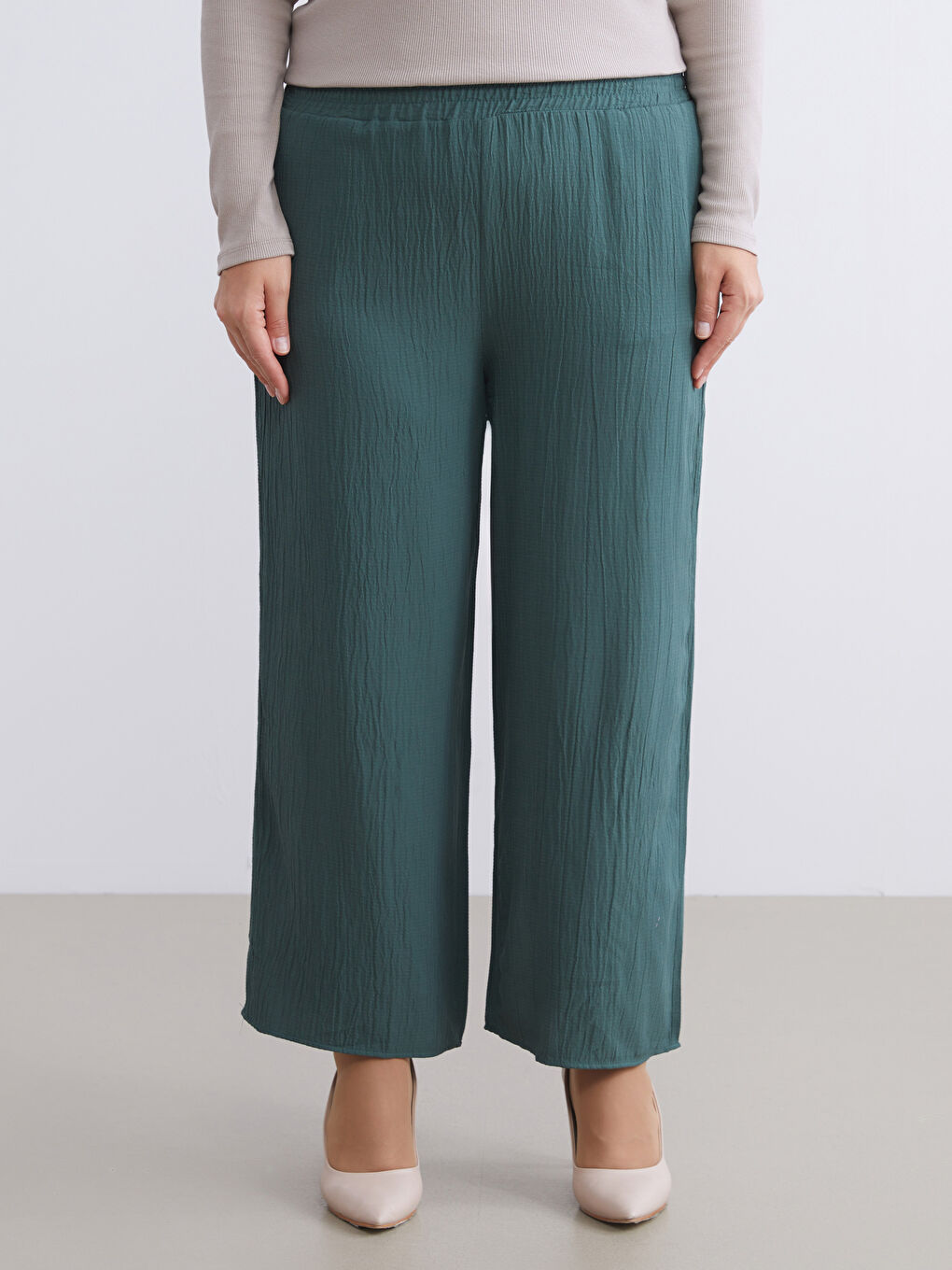 Elasticated Waist Textured Wide Leg Women's Trousers-5