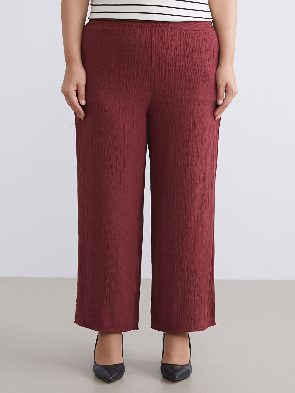 Elasticated Waist Textured Wide Leg Women's Trousers-5