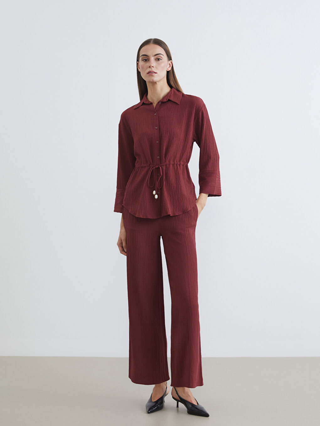 Elasticated Waist Textured Wide Leg Women's Trousers