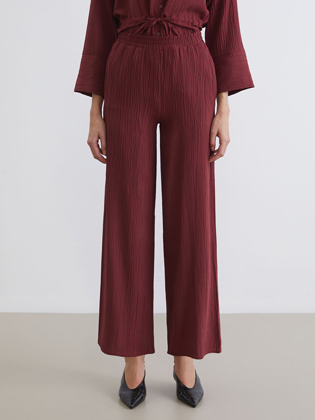 Elasticated Waist Textured Wide Leg Women's Trousers-2