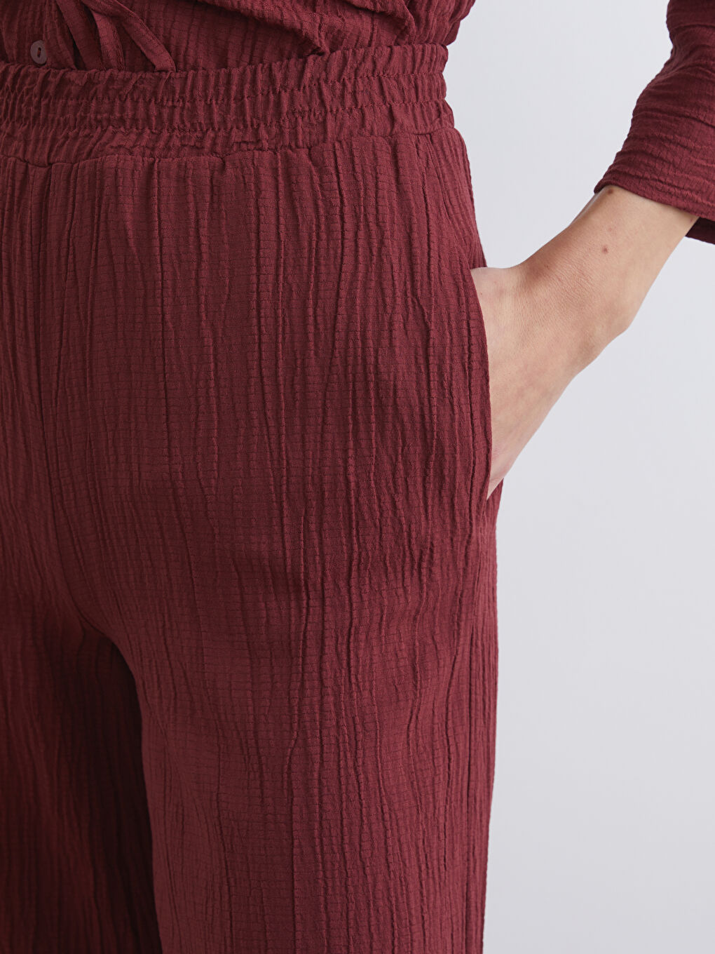 Elasticated Waist Textured Wide Leg Women's Trousers-3