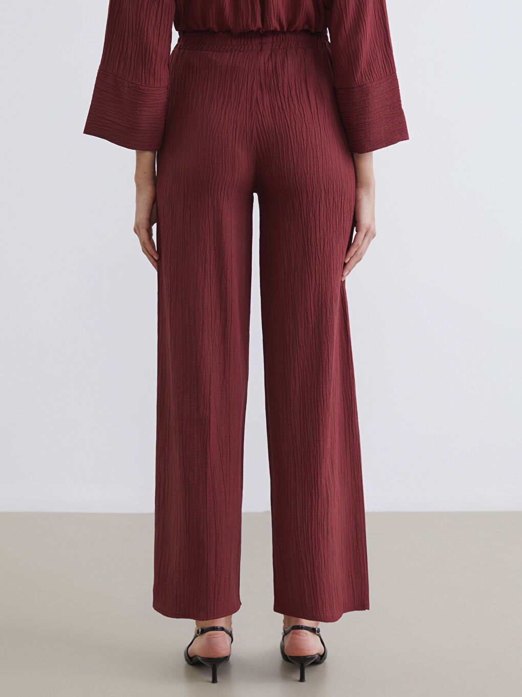 Elasticated Waist Textured Wide Leg Women's Trousers-4