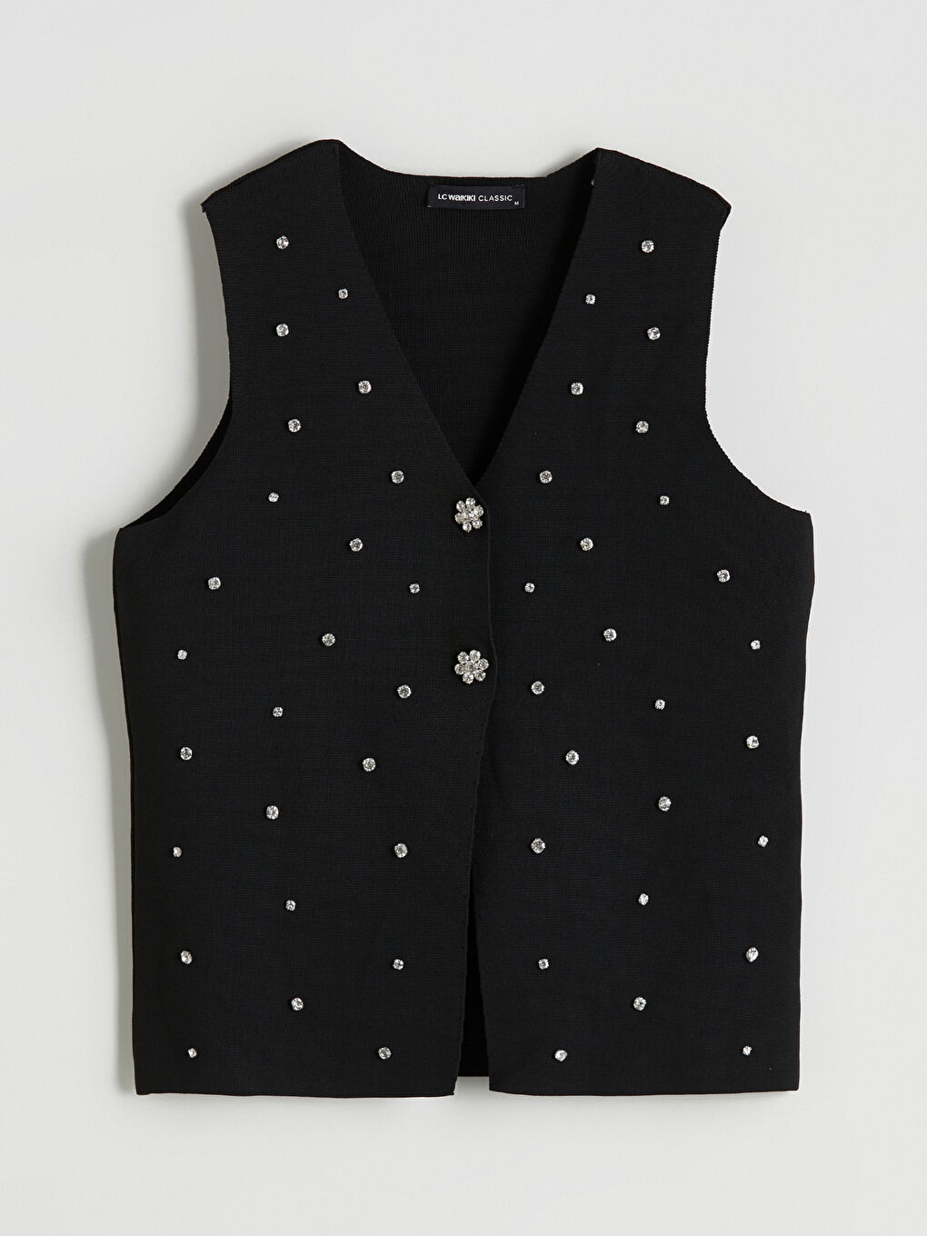 Siyah V Yaka Taşlı Kadın Triko Yelek-4