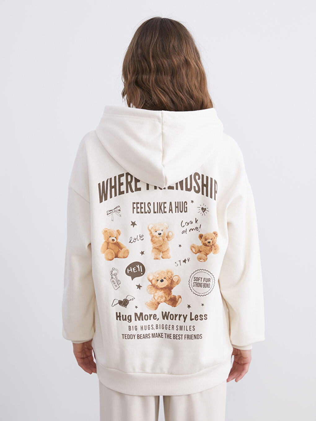 Bej Baskılı Oversize Kadın Kalın Hoodie-5