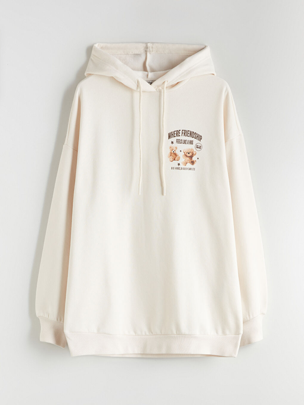 Bej Baskılı Oversize Kadın Kalın Hoodie-6